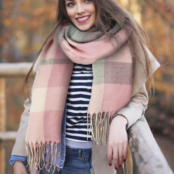 Pink Plaid Winter Scarf for Women Long Warm Shawl Wrap, Soft Big Grid Scarf - Picture 5 of 6